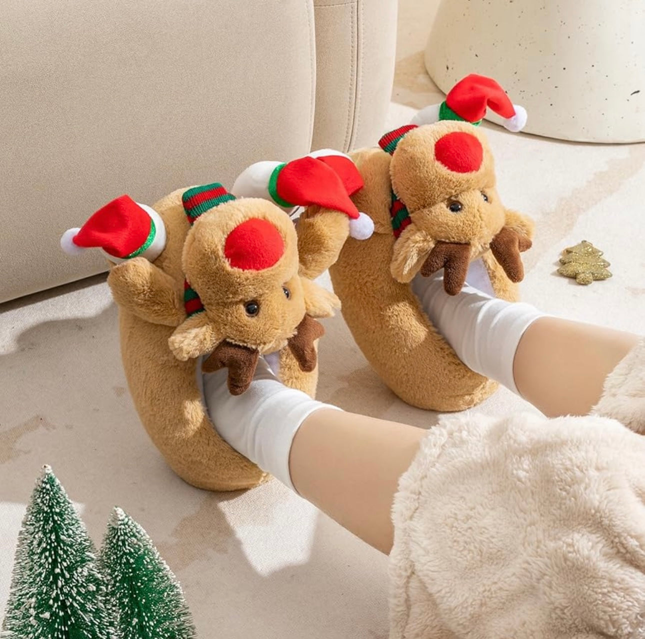 Funny Christmas Plush Slippers – Cozy Holiday Reindeer & Santa Feet