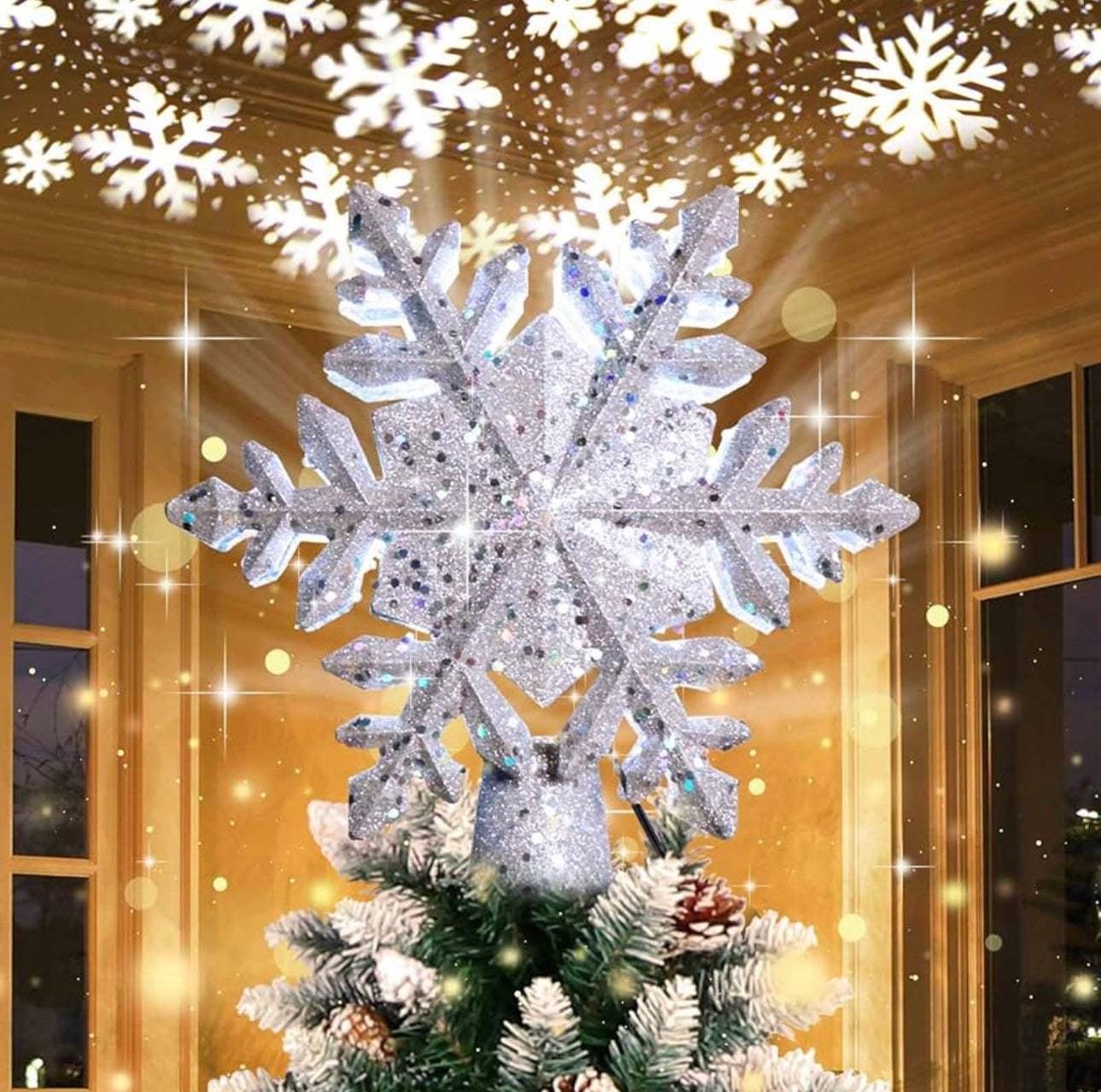 Rotating LED Christmas Tree Topper – Snowflake Projector Star