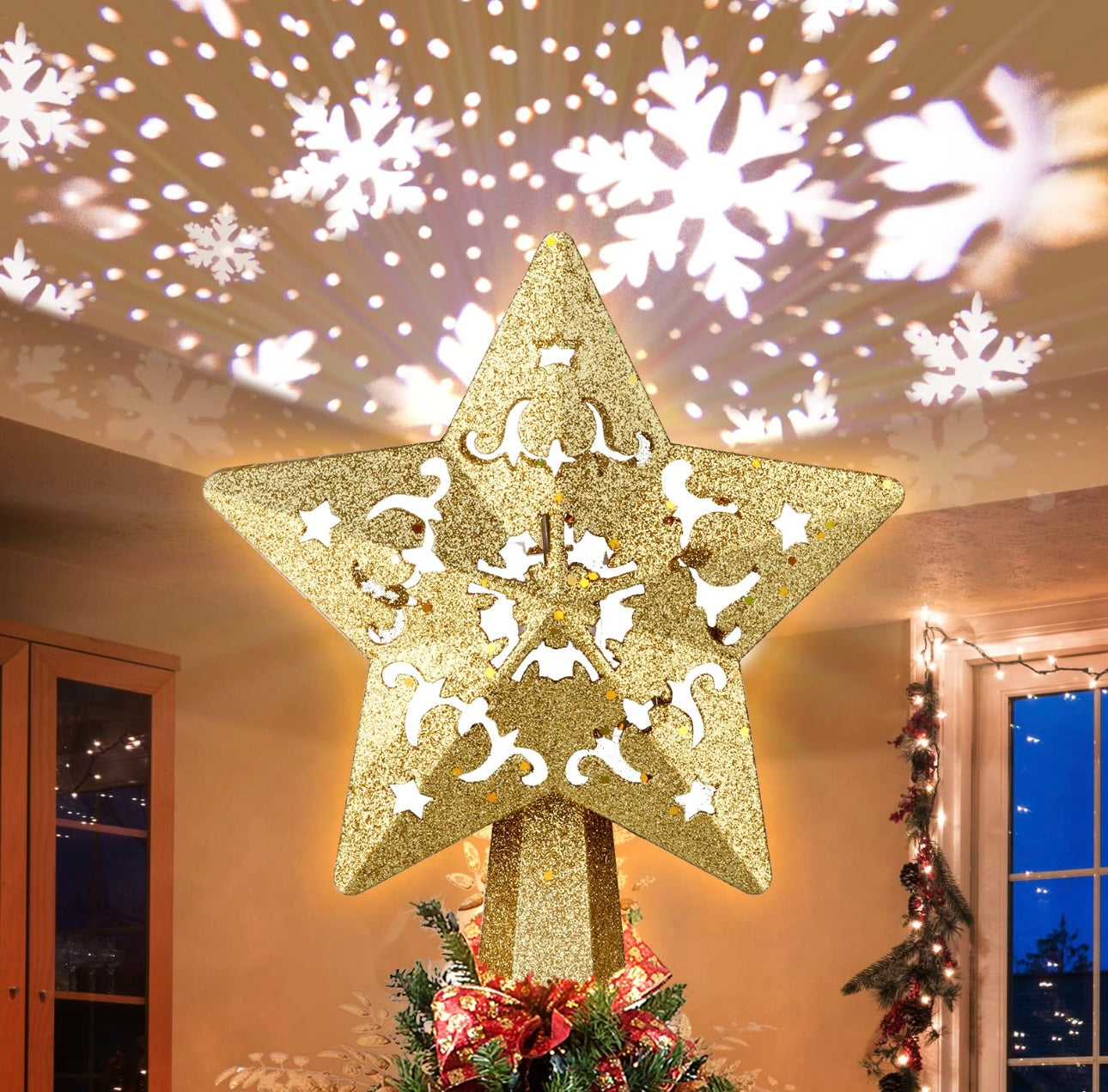 Rotating LED Christmas Tree Topper – Snowflake Projector Star